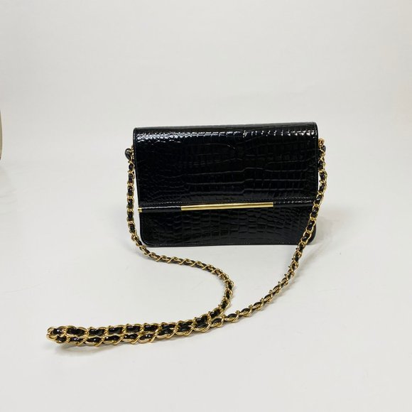 LEATHER Patent Croc Bag w CHAIN & Gold Hardware! - Picture 3 of 6